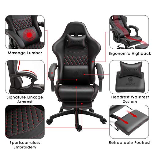 Chaise Gaming Ergonomique Dowinx Avec Massage Lombaire - Dossier Inclinable 90-170°, Repose-pieds - Supporte 136 Kg, Cuir PU - Noir/Gris