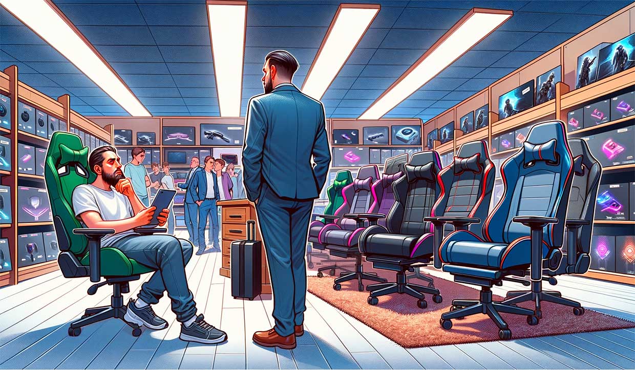 client déçu regardant des fauteuils de gaming dans un magasin, réalisant que leur aspect esthétique ne correspond pas à la qualité attendue