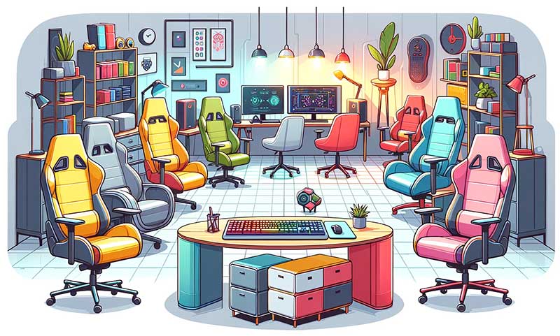 magasin de meubles avec une section dédiée aux fauteuils de gaming colorés et une autre aux chaises de bureau classiques