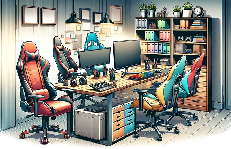 bureau moderne avec plusieurs fauteuils de gaming colorés et sportifs contrastant avec des chaises de bureau ergonomiques plus classiques